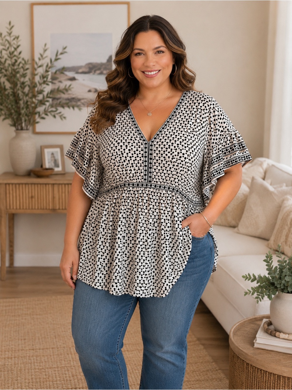 Max Studio Black and White Dot Print V-Neck Peplum Top large